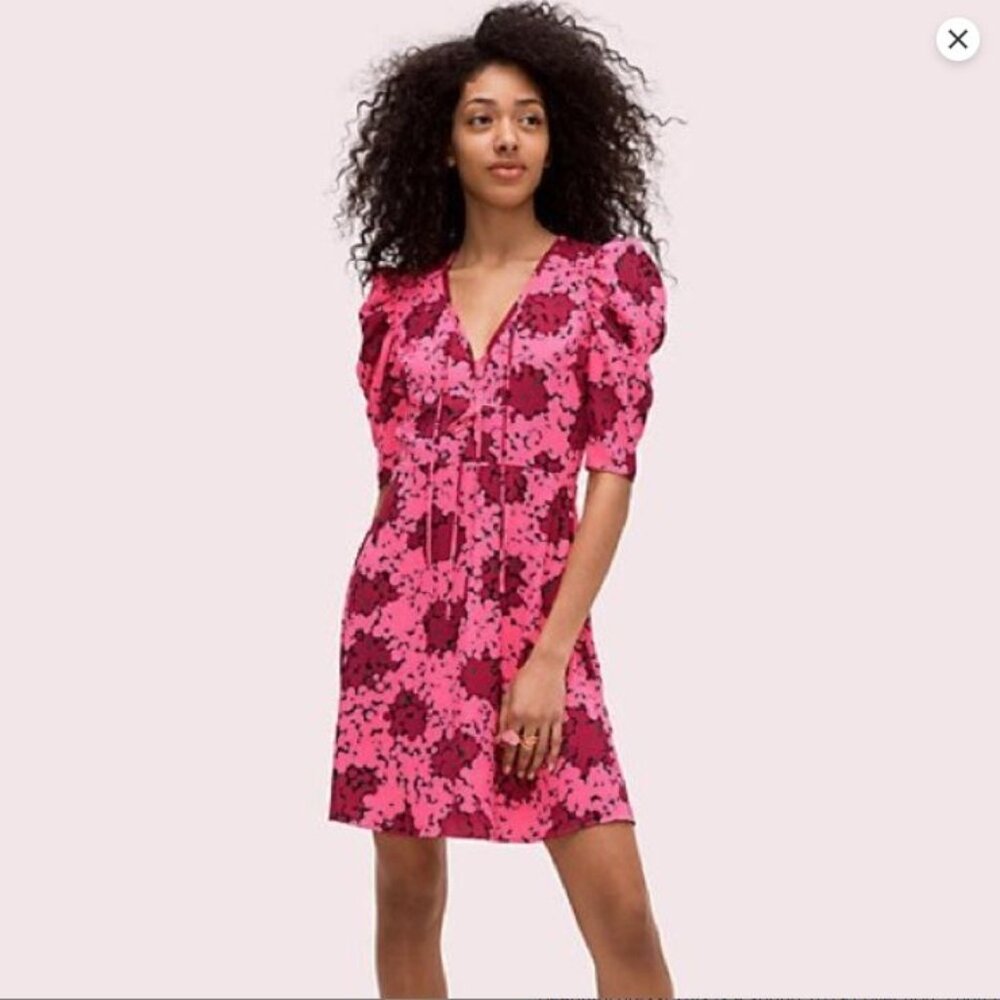 Kate Spade Bubble Dot Tie Front Dress Pink Puff Sleeve Sz 2